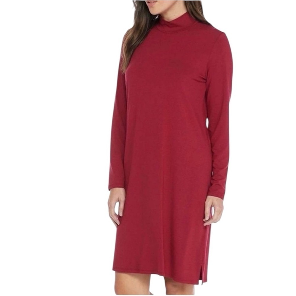 Eileen Fisher Classic Viscose Jersey Mock Neck Long Sleeve Dress Medium Hibiscus